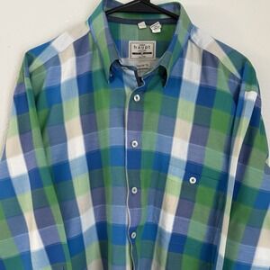Haupt Men's L‎ Regular Fit Dress Shirt Blue/Green Plaid Long Sleeve Cotton
